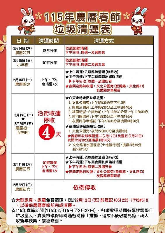 2026 過年嘉義垃圾車時間表
