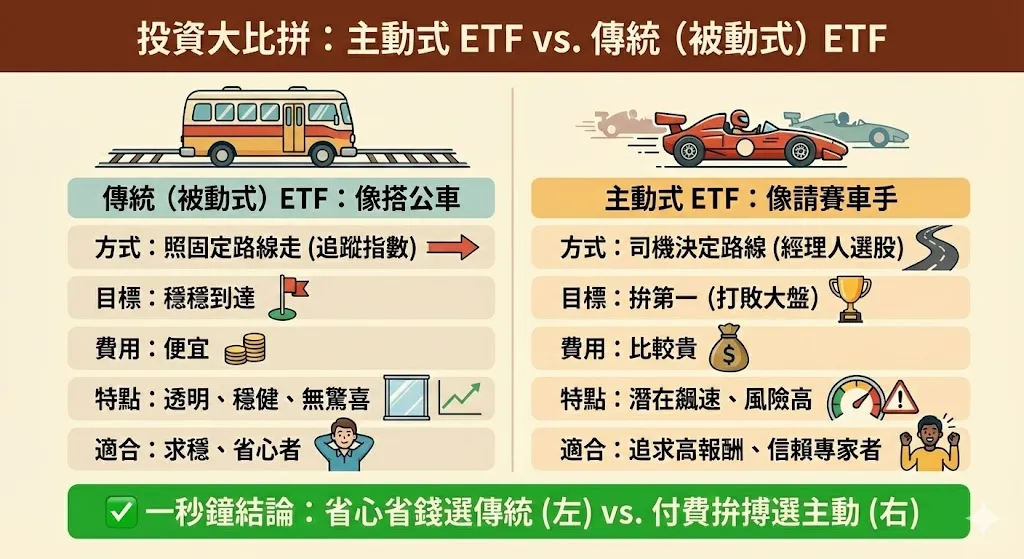 主動式 ETF 全解析:台灣有哪些?績效排行、優缺點一次看懂 1 主動式 ETF 與傳統 ETF 差別