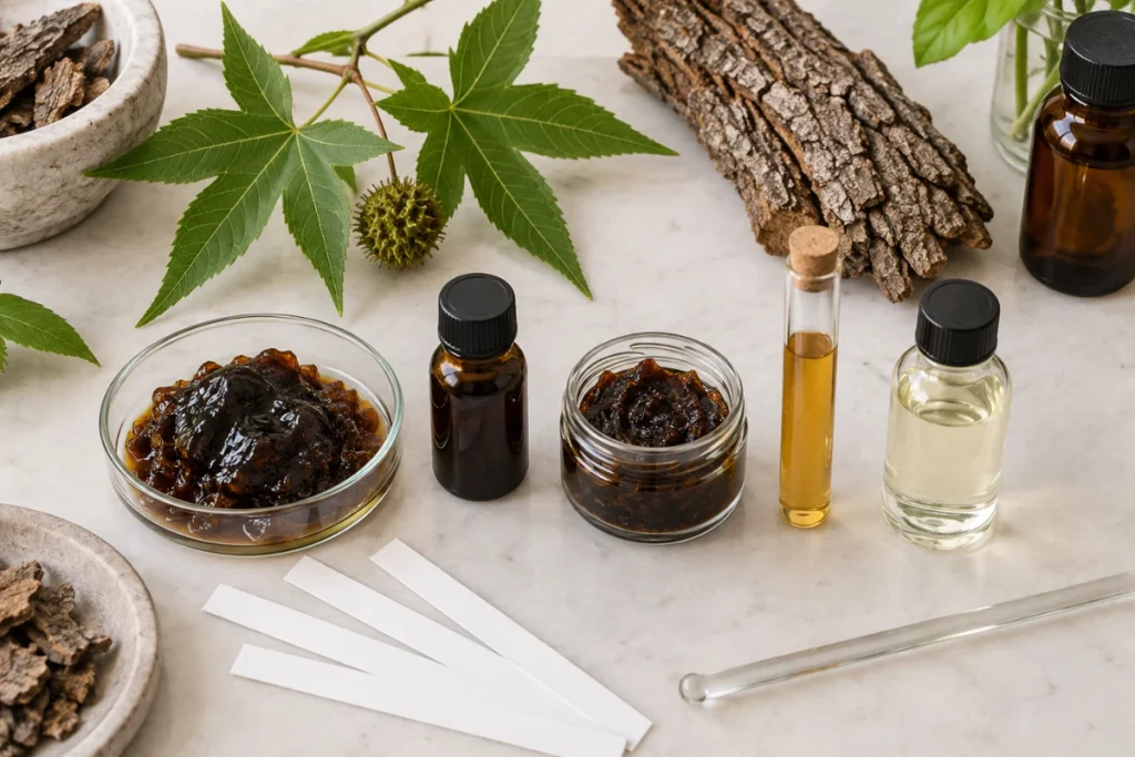 來源、成分與濃度不明的蘇合香精油產品，不應直接塗抹皮膚或自行飲用。